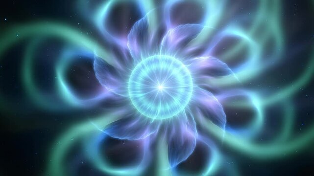 Radiating blue-purple flower with swirling petal-like lights and central core, loopable abstract animation for energetic and meditative visuals.

