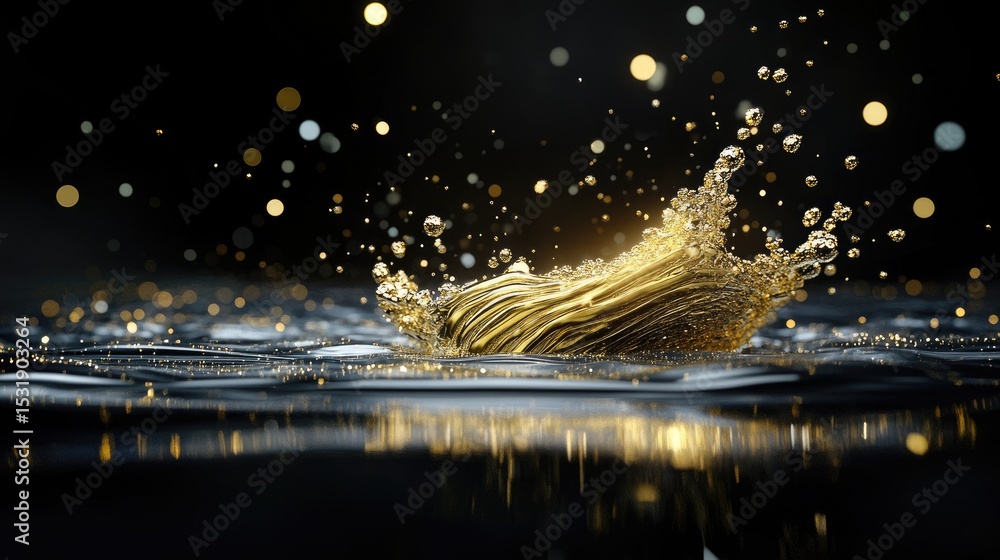 Poster futuristic golden sparkles hovering above a sleek reflective surface, surrounded by cosmic blackness