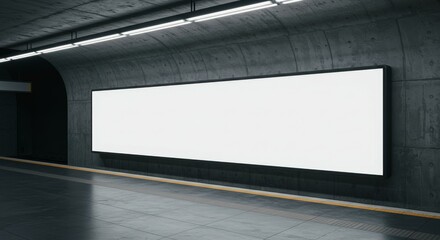 Large blank billboard mockup in a dark, empty concrete subway station tunnel. Ideal for advertising, marketing, or urban-themed designs. Copy space...