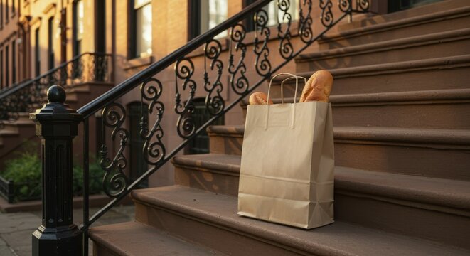 Paper grocery bag with fresh bread loaves left on the brownstone steps of an urban building, symbolizing home delivery and convenience.