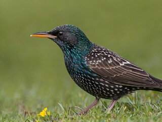 European starling with iridescent plumage and speckled feathers standing on grass - beautiful songbird wildlife photography with detailed colors