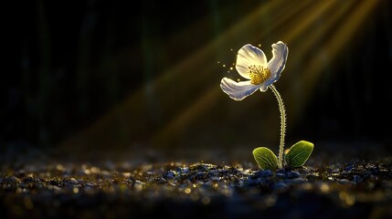 Ethereal image of a lone flower with glowing petals, concept of nature fragility