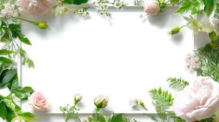 Elegant square frame made from watercolor roses and foliage, light artistic style
