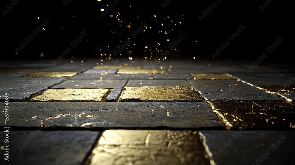 Poster elegant golden floor glowing with scattered light particles, deep space black setting