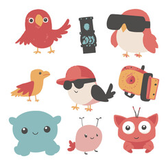 Colorful Cartoon Birds and Cute Characters in Fun Vector Style Design