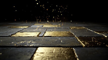 Elegant golden floor glowing with scattered light particles, deep space black setting