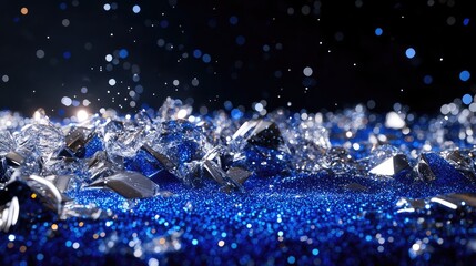 Dreamy glitter lights in silver and deep blue, softly glowing against darkness