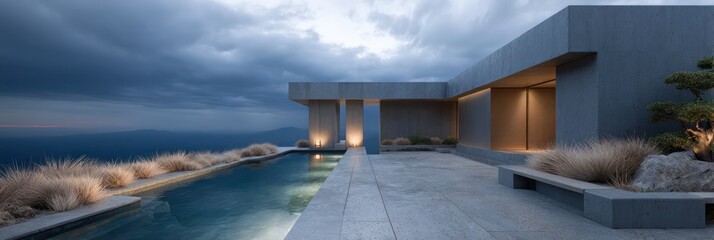 A dramatic dusk scene of cliff-edge modernist home, featuring slate-gray plaster bronze window frames glowing geometric infinity pool