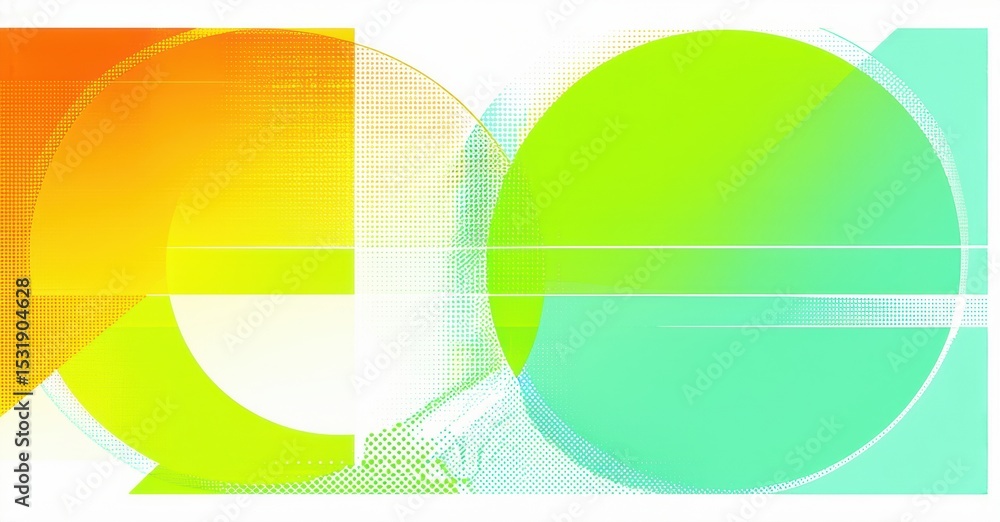 Poster abstract composition featuring overlapping circles. vibrant gradients blend orange, yellow, green, t