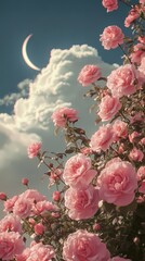 Clouds moon and pink roses landscape illustration poster background