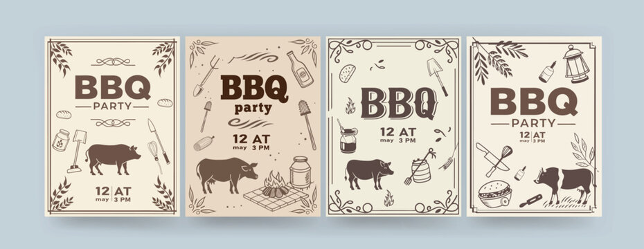 BBQ party time, grill party retro poster set. Vector modern illustrations of BBQ in nature