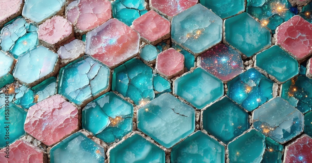 Poster Hexagonal tiles display cosmic patterns. Turquoise, pink hues dominate, creating textured mosaic effect. Sparkles add depth.