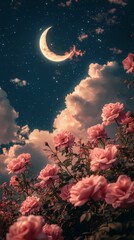 Clouds moon and pink roses landscape illustration poster background