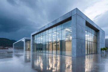 A futuristic warehouse with reflective glass walls clean architectural lines wet ground reflects light from building??a,?a,,?s windows, contrasting