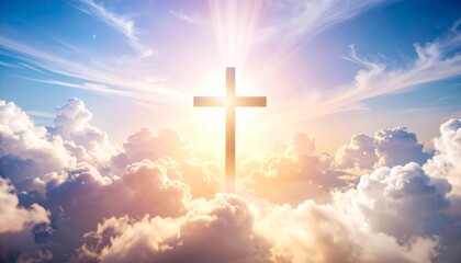 Abstract spiritual religious cross on the heaven with sunlight background