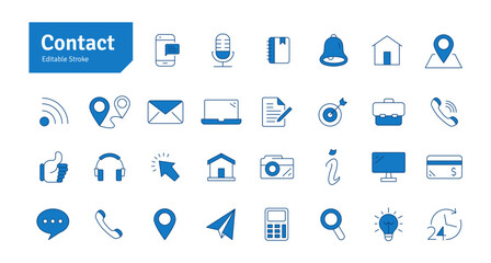 Contact Blue Line Icons Set. Camera, Massage, Email, Location, Home, Address, Headphone, Mobile, Laptop, Monitor Icons Editable Stroke Vector Illustration