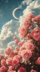 Clouds moon and pink roses landscape illustration poster background