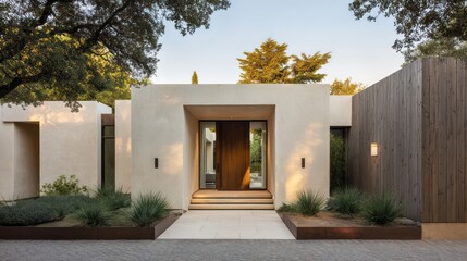A geometric, minimalist home with warm cream-toned stucco walls, framed vertical charred timber siding matte steel front door