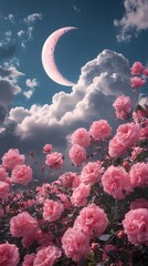 Clouds moon and pink roses landscape illustration poster background