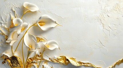 Decorative floral background with golden calla lilies and textured stucco details