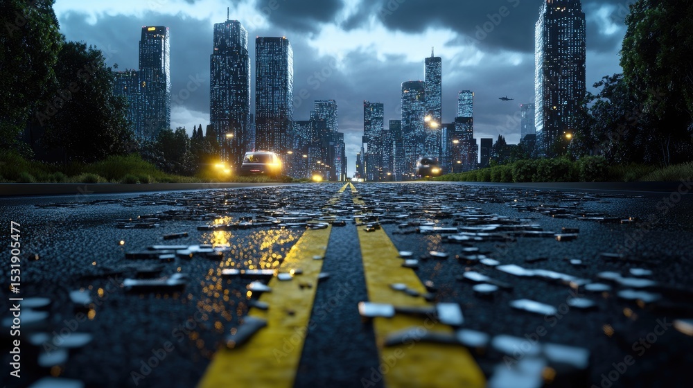 Poster Cyberpunk-style digital road framed by binary skyscrapers, immersive machine learning world