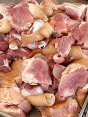 raw pork in a pan. pork in the kitchen.