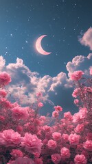 Clouds moon and pink roses landscape illustration poster background