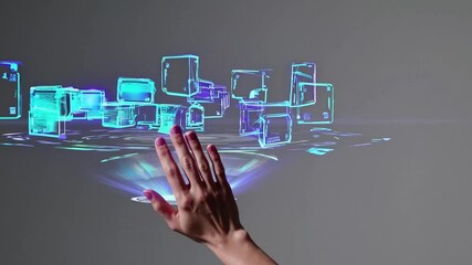 Human hand swiping holographic AI code blocks in mid-air on interactive cyan interface - Powered by Adobe