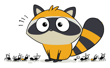 Cute Cartoon Raccoon Surrounded by Curious Ants in Flat Vector Style