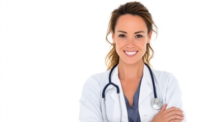 Fototapeta premium Smiling female doctor isolated on white with arms loosely crossed.