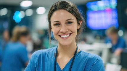 Smiling female physician wearing scrubs in brightly lit emergency room.