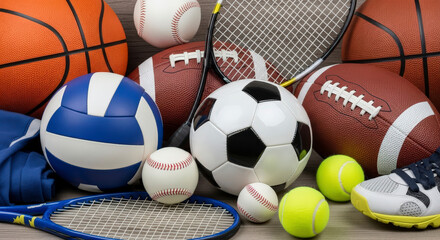 Assortment Of Sports Balls And Equipment Displayed On A Textured Wooden Surface