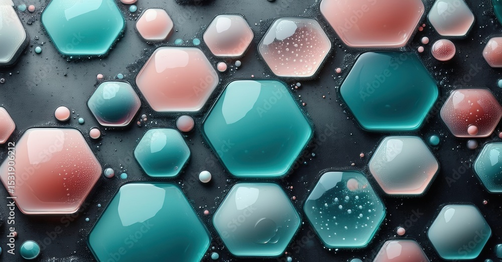 Poster hexagonal droplets, teal and pink hues, create abstract pattern. glossy surfaces reflect light, form