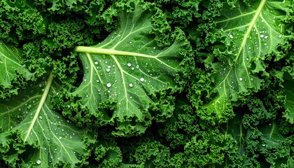 Fresh and vibrant flat-lay seamless kale leaves with water droplets