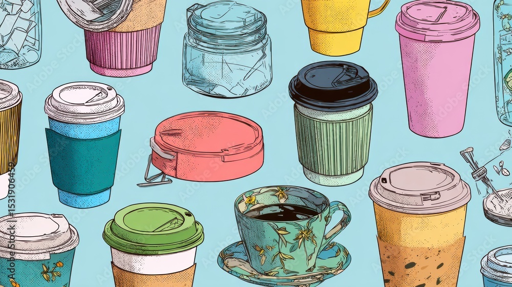 Poster Visual Guide to Refusing Single-Use Plastics in Cafes With Various Reusable Container Options Illustrated