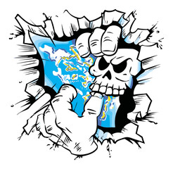 Hand Breaking Through Wall with Skull and Blue Background Illustration