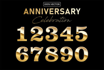 set of Anniversary gold award podium with glittering numbers set template. Celebration birthday