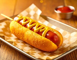Corn dog z musztardą i ketchupem, podany na metalowej tacy z papierem w kratkę