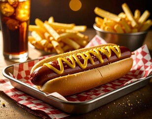Corn dog z musztardą i ketchupem, podany na metalowej tacy z papierem w kratkę