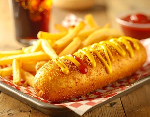 Corn dog z musztardą i ketchupem, podany na metalowej tacy z papierem w kratkę