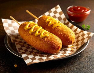 Corn dog z musztardą i ketchupem, podany na metalowej tacy z papierem w kratkę