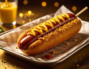 Corn dog z musztardą i ketchupem, podany na metalowej tacy z papierem w kratkę