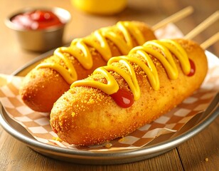 Corn dog z musztardą i ketchupem, podany na metalowej tacy z papierem w kratkę