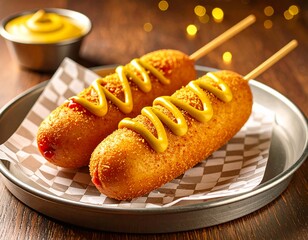 Corn dog z musztardą i ketchupem, podany na metalowej tacy z papierem w kratkę