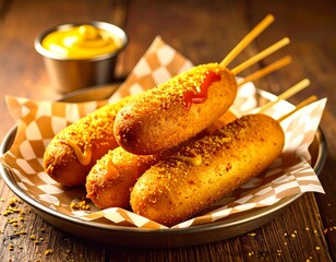 Corn dog z musztardą i ketchupem, podany na metalowej tacy z papierem w kratkę