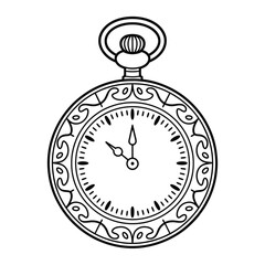 Ornate vintage pocket watch line art illustration