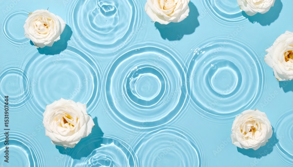 Poster elegant white roses floating on water with concentric ripple patterns background