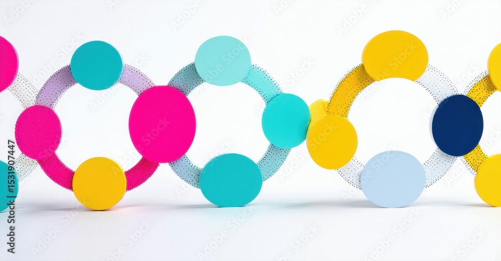 Poster colorful circles connected. abstract pattern creates linear arrangement. bright hues contrast white 
