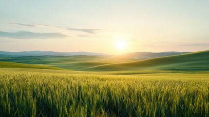 Obraz premium A serene sunrise over rolling green hills and lush fields, casting golden light across the landscape.