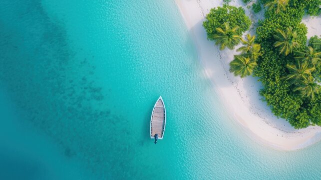 Aerial view of a small boat floating on clear turquoise water near a white sandy beach lined with lush green palm trees.